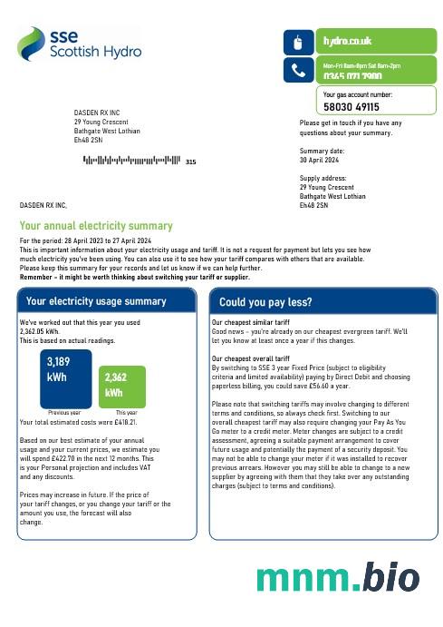 Wielka Brytania SSE Energy rachunek za usługi komunalne szablon w formacie Word i PDF, Wersja 2